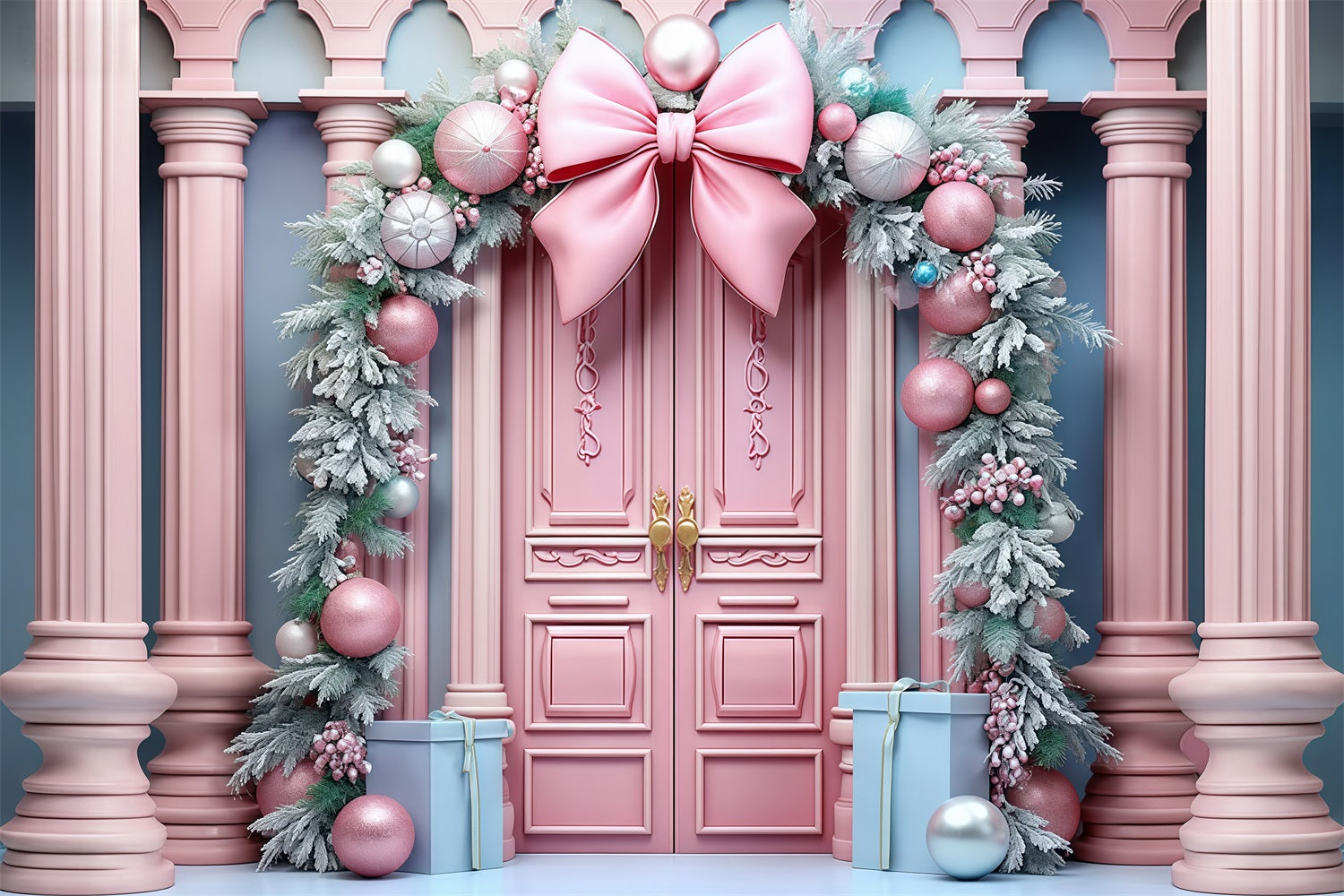 Pink Christmas Backdrop Pink Door Bow Garland Christmas Backdrop MRR9-70