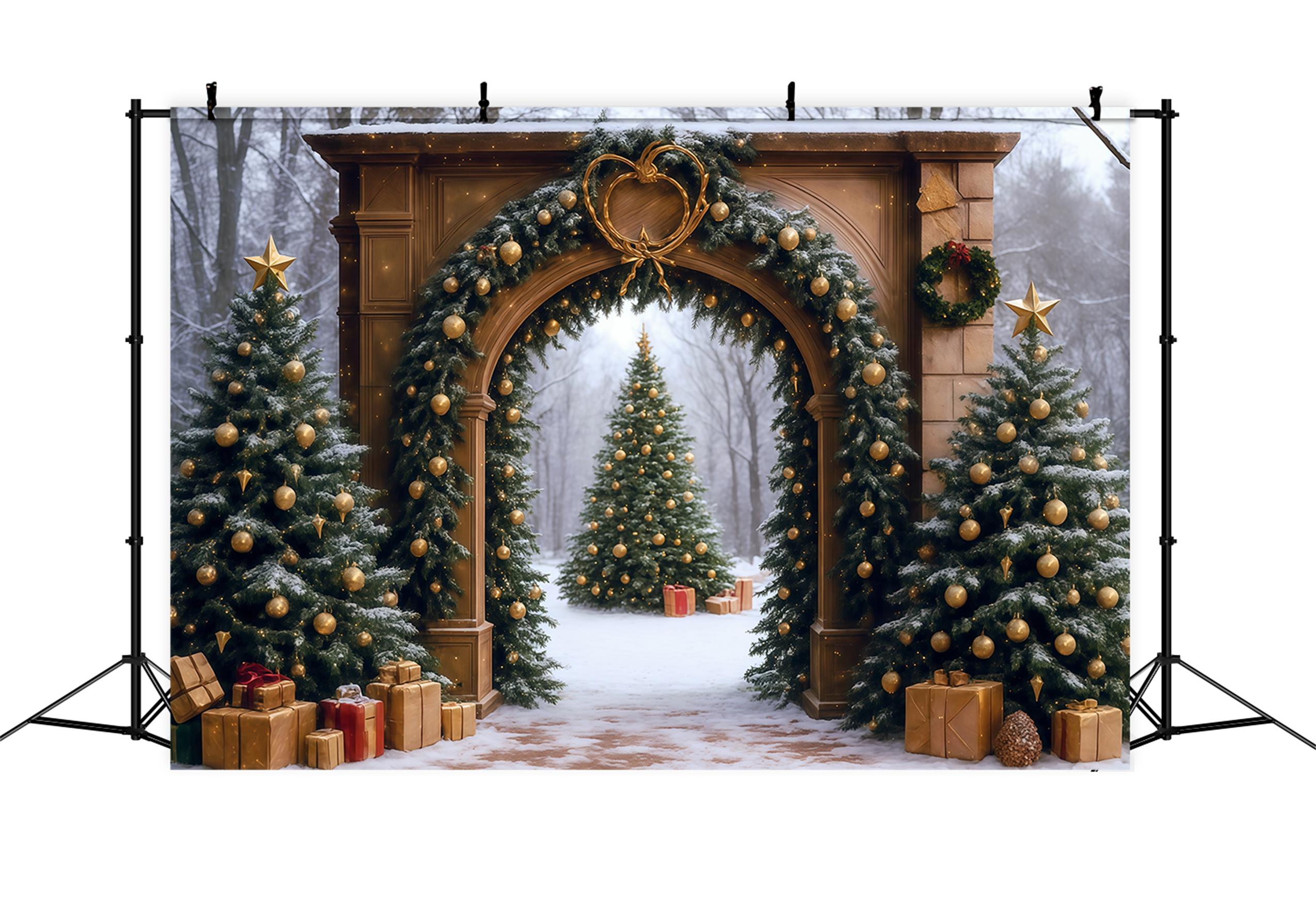 Christmas Tree Backdrop Snowy Forest Arch Door Christmas Photo Backdrop MRR9-77