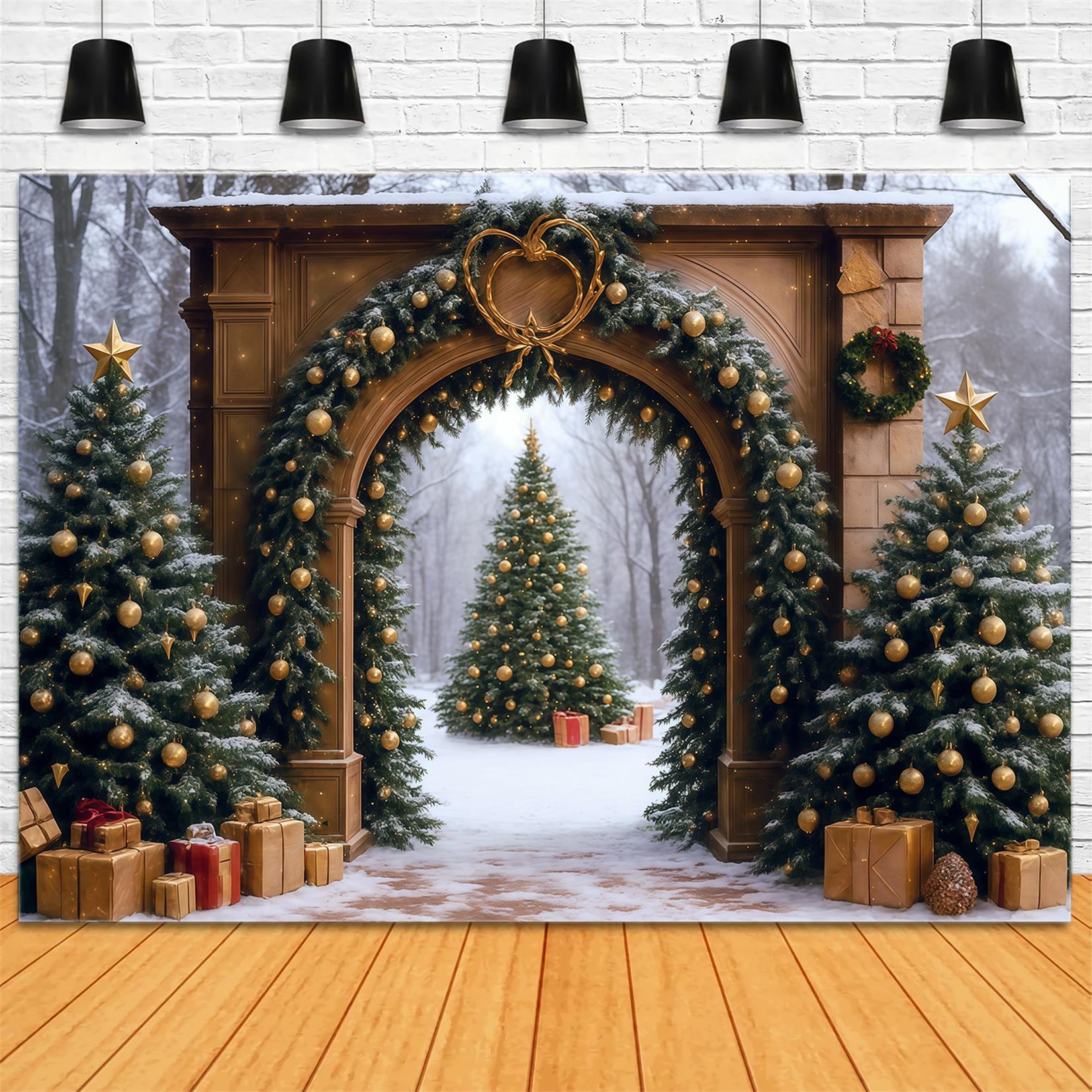 Christmas Tree Backdrop Snowy Forest Arch Door Christmas Photo Backdrop MRR9-77