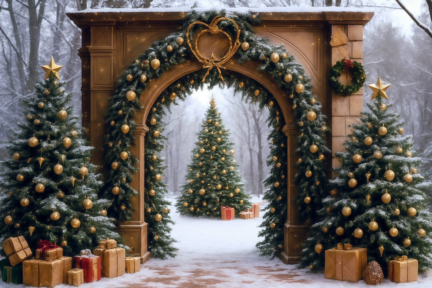 Christmas Tree Backdrop Snowy Forest Arch Door Christmas Photo Backdrop MRR9-77