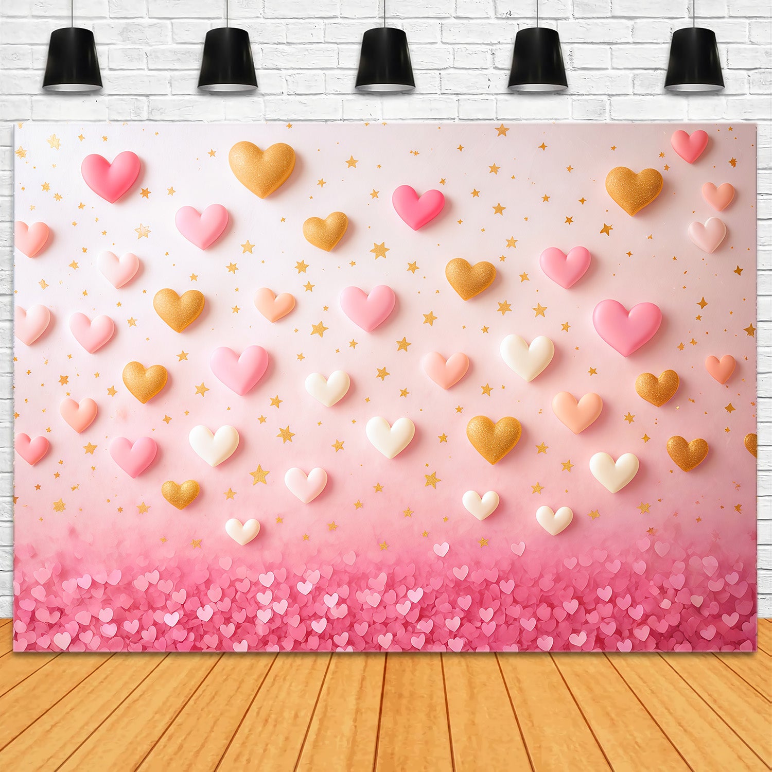 Valentine's Day Backdrop Pink Gold Floating Hearts Valentine Backdrop Ideas MRR9-78