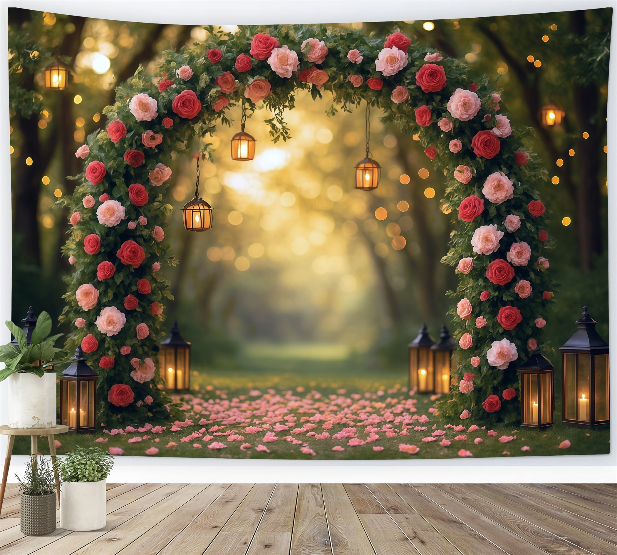 Flower Backdrop Romantic Rose Arch Lanterns Floral Photo Backdrop MRR9-81