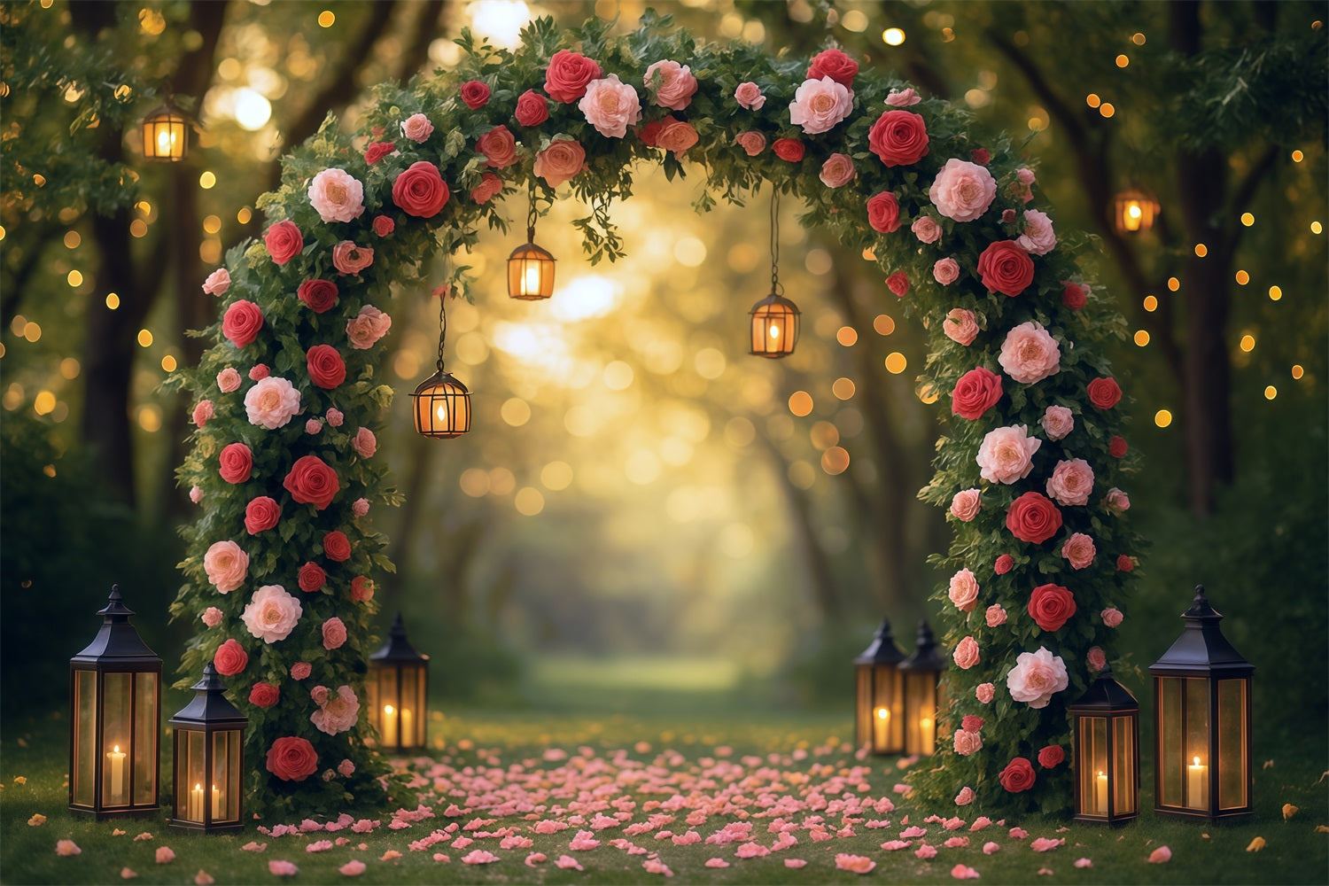Flower Backdrop Romantic Rose Arch Lanterns Floral Photo Backdrop MRR9-81