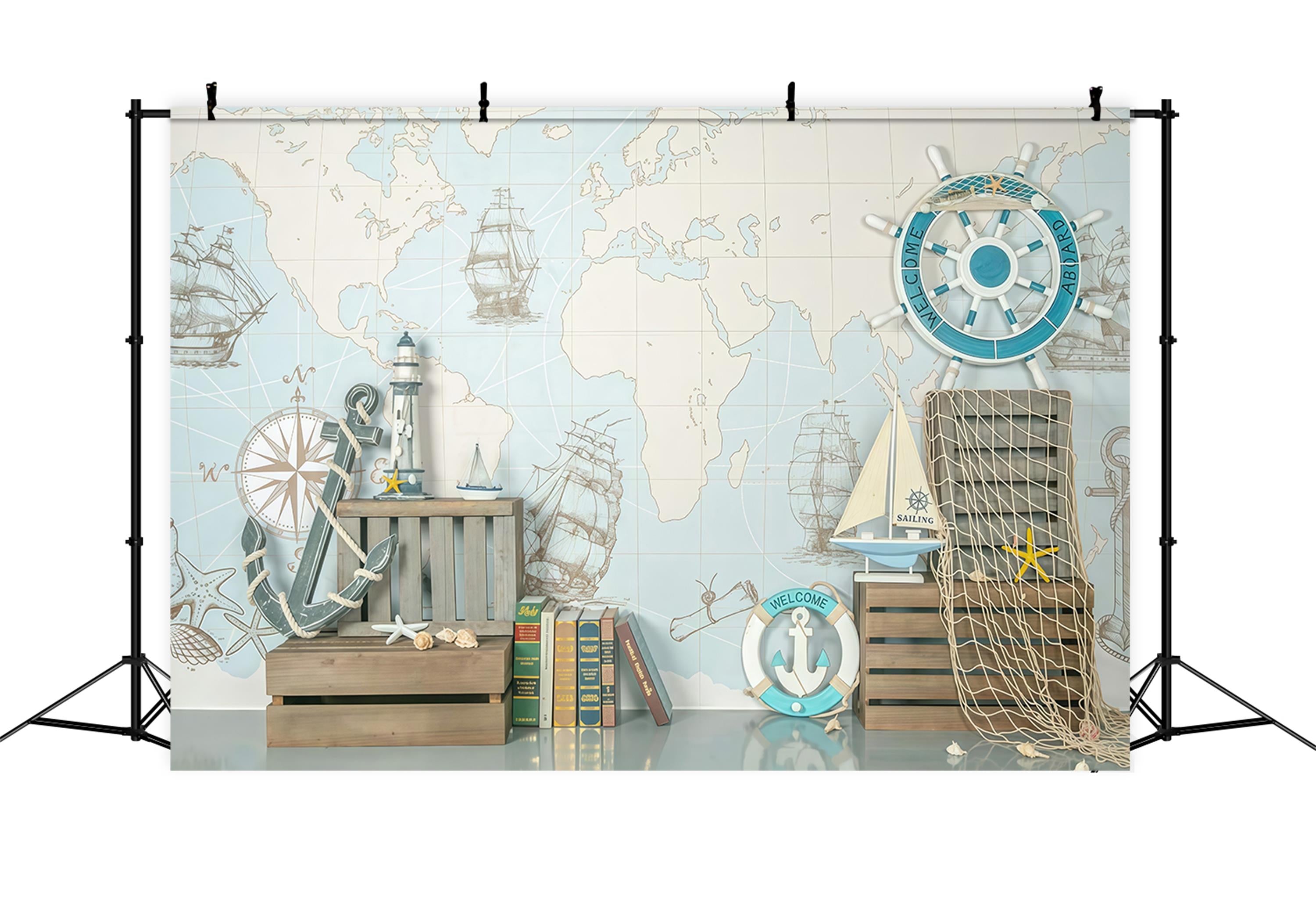 Newborn Backdrop Nautical Map Ships Helm Decor Kids Photo Backdrop MRR9-82