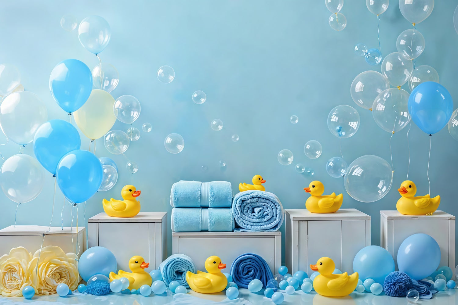 Kids Photo Backdrop Blue Balloons Rubber Duck Bubbles Newborn Backdrop MRR9-83
