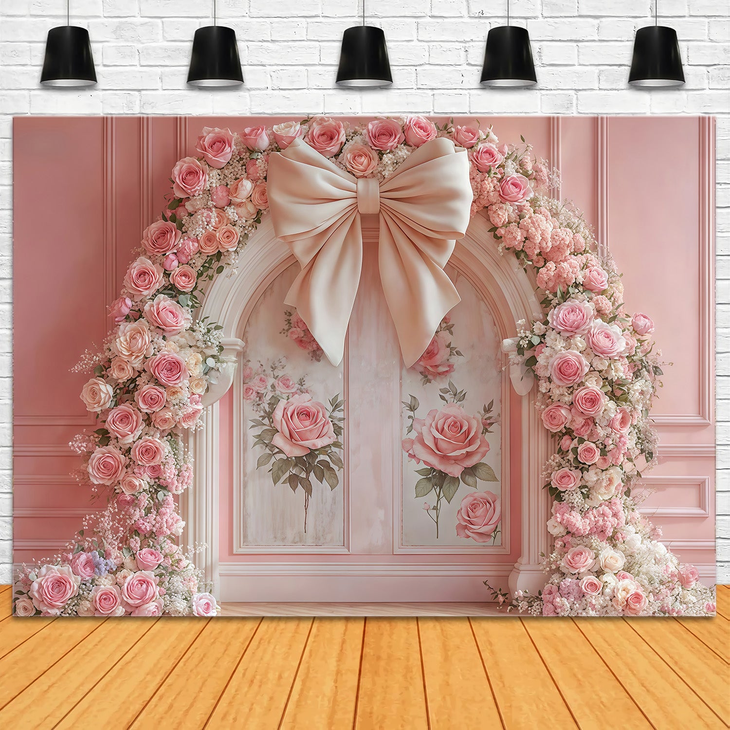 Flower Wall Backdrop Pink Roses Floral Bow Arch Vintage Wall Backdrop MRR9-84