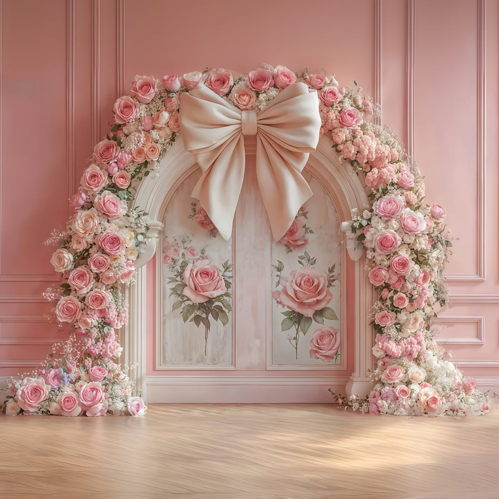 Flower Wall Backdrop Pink Roses Floral Bow Arch Vintage Wall Backdrop MRR9-84