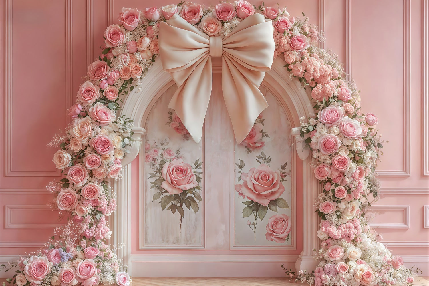 Flower Wall Backdrop Pink Roses Floral Bow Arch Vintage Wall Backdrop MRR9-84