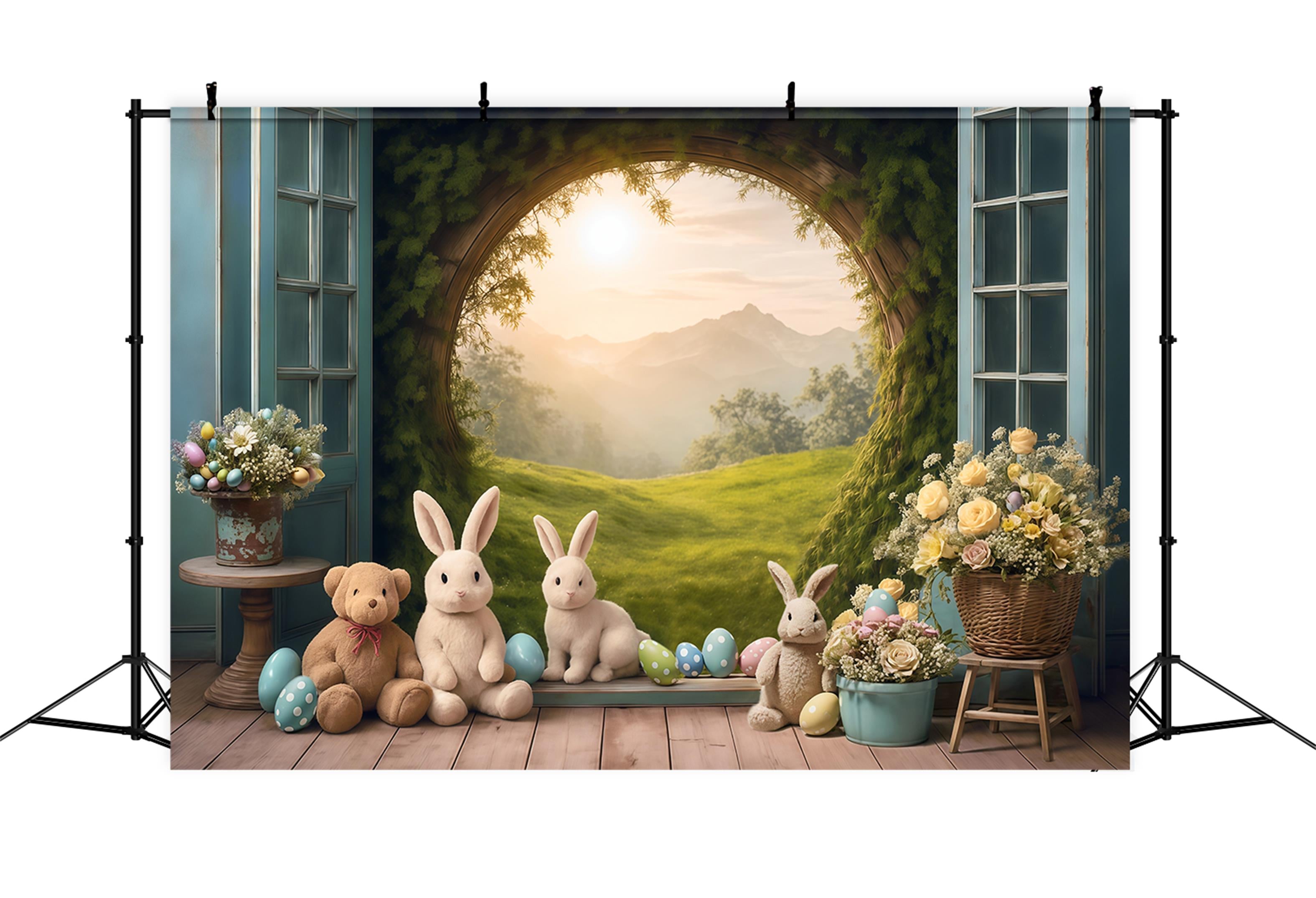 Easter Bunny Backdrop Sunset Meadow Rabbits Eggs Flowers Easter Backdrop MRR9-85