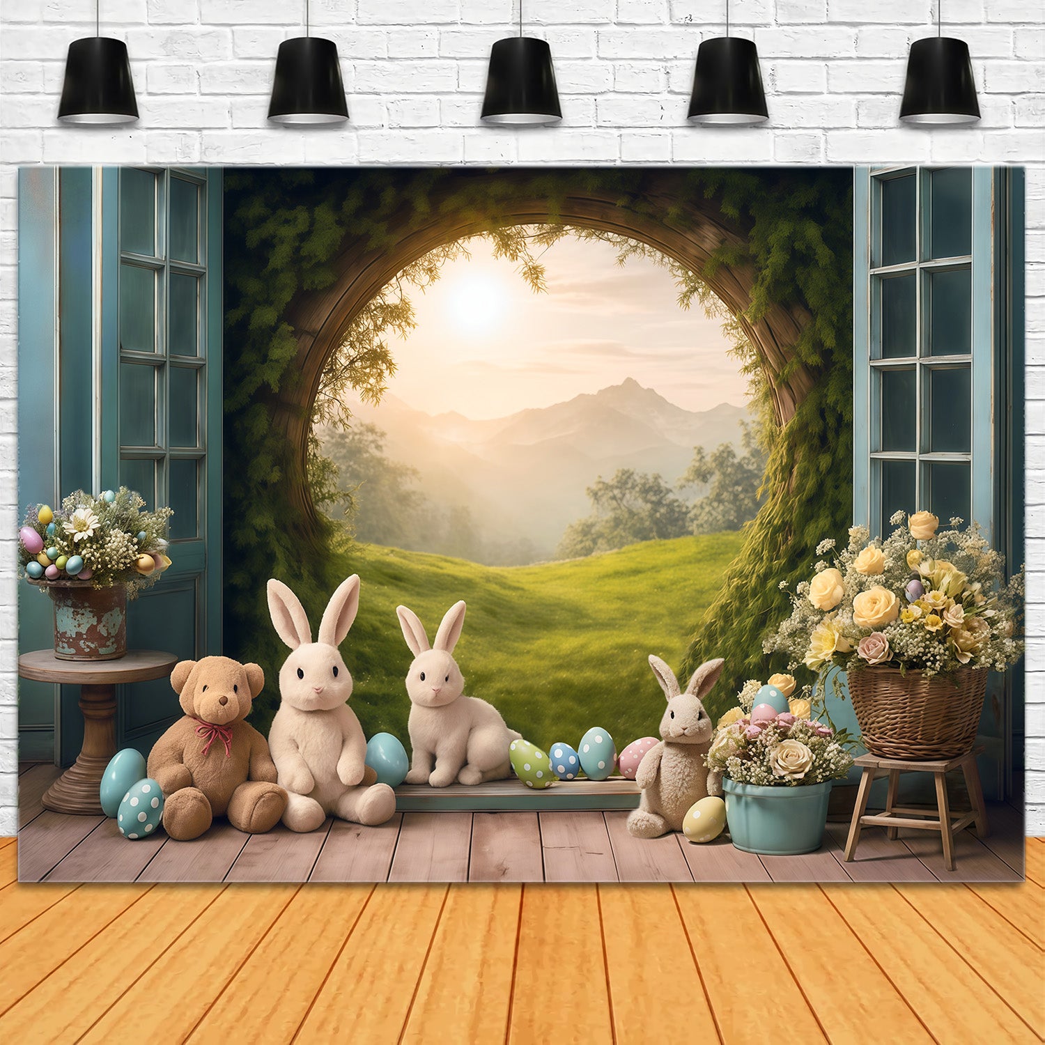 Easter Bunny Backdrop Sunset Meadow Rabbits Eggs Flowers Easter Backdrop MRR9-85
