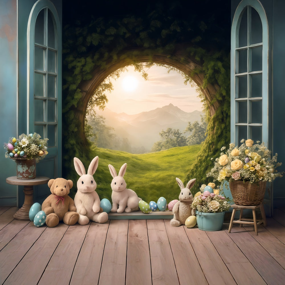 Easter Bunny Backdrop Sunset Meadow Rabbits Eggs Flowers Easter Backdrop MRR9-85