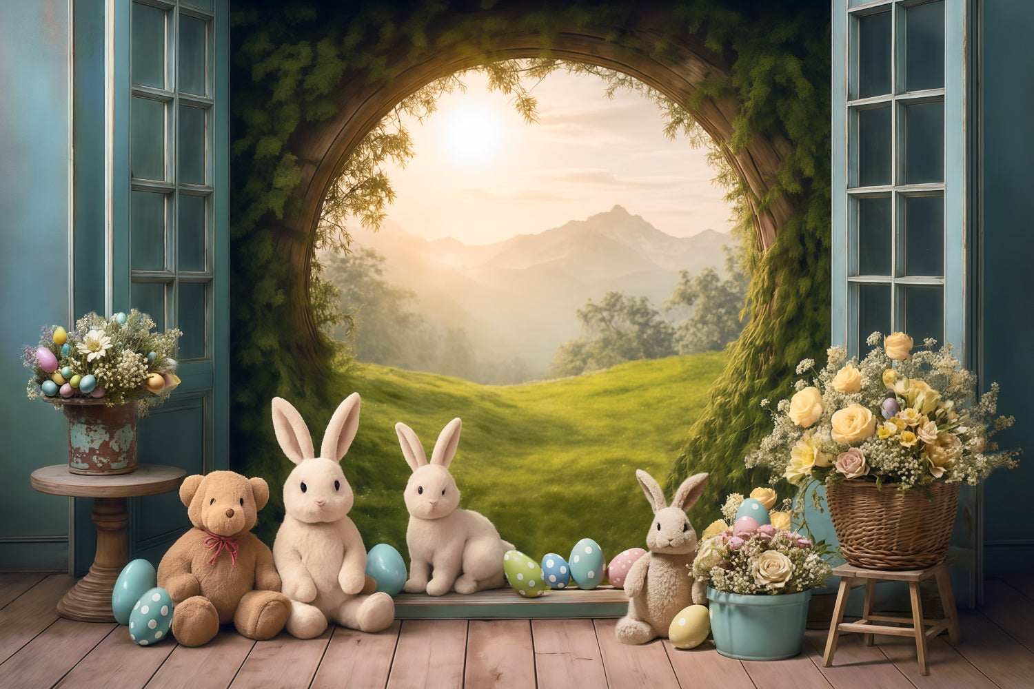 Easter Bunny Backdrop Sunset Meadow Rabbits Eggs Flowers Easter Backdrop MRR9-85