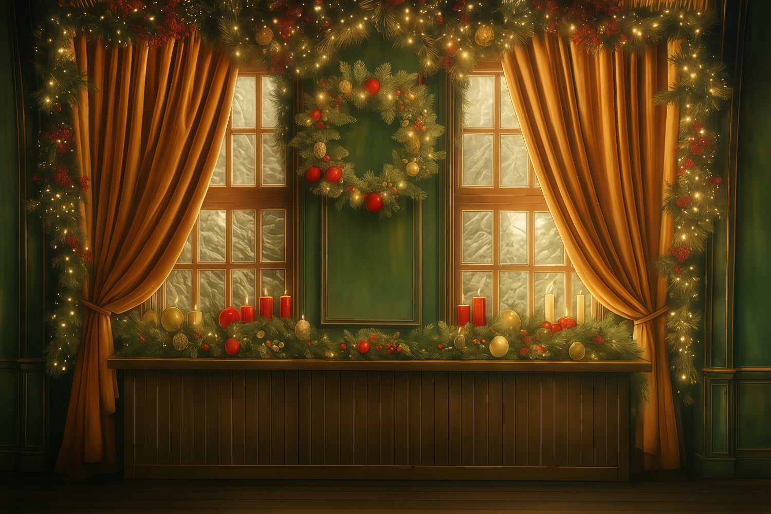Christmas Backdrop Golden Curtain Window Christmas Photo Backdrops MRR9-93