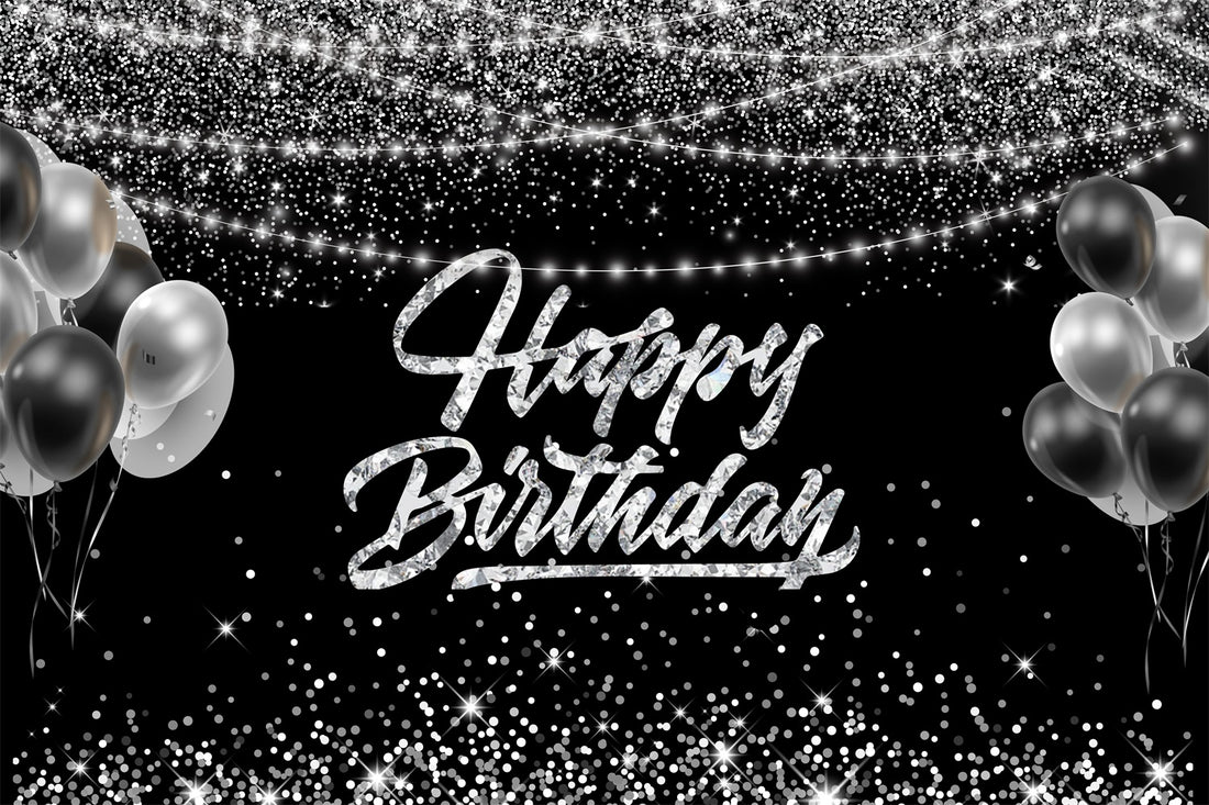 Personalized Silver Glitter Black Birthday Backdrop