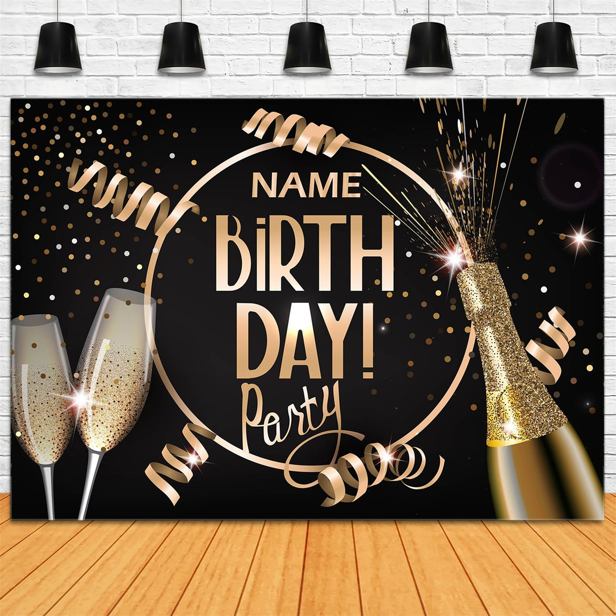 Golden Ribbon Backdrop Personalized Birthday Backdrop Champagne Sparkles Gold Ribbon Backdrop