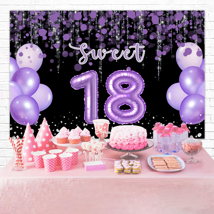 Custom Birthday Backdrops Purple Balloon Sparkle Sweet 18 Backdrop RR12-73
