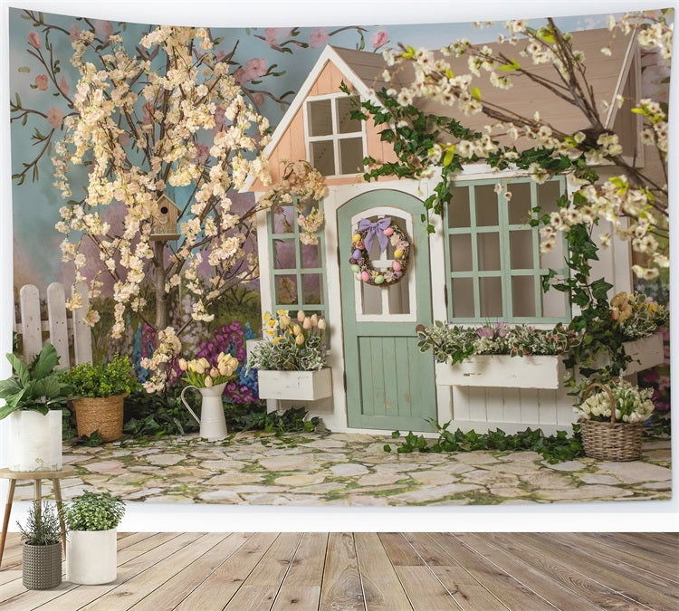 Spring Flower Fence Log Cabin Wreath Stone Ground Backdrop RR3-08 ...