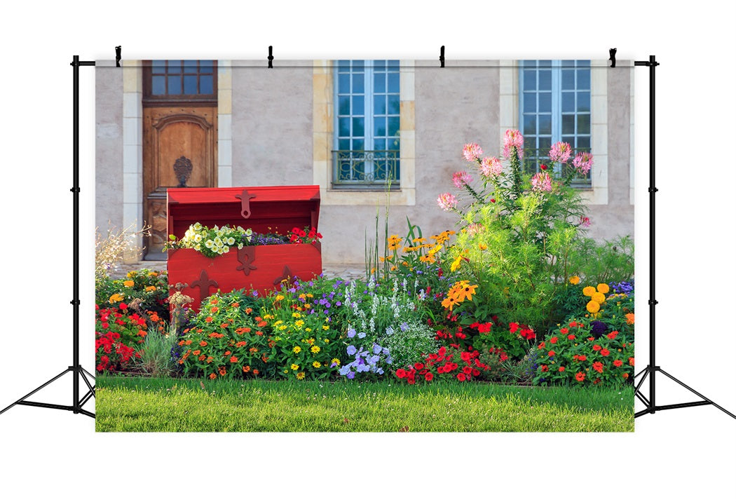 Spring Townhouse Garden Flowers Lawn Redwood Chest Backdrop RR3-17 ...