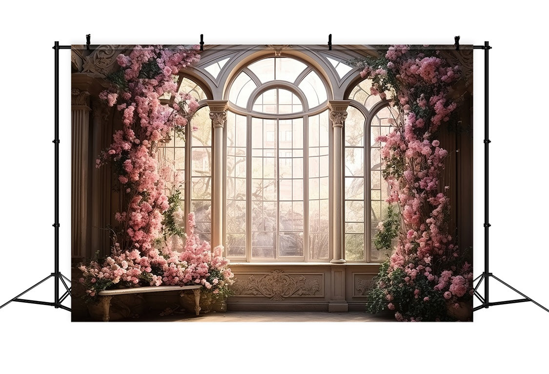 DBackdrop Pink Flowers Vintage Floor Window Cozy Scene Backdrop RR3-33