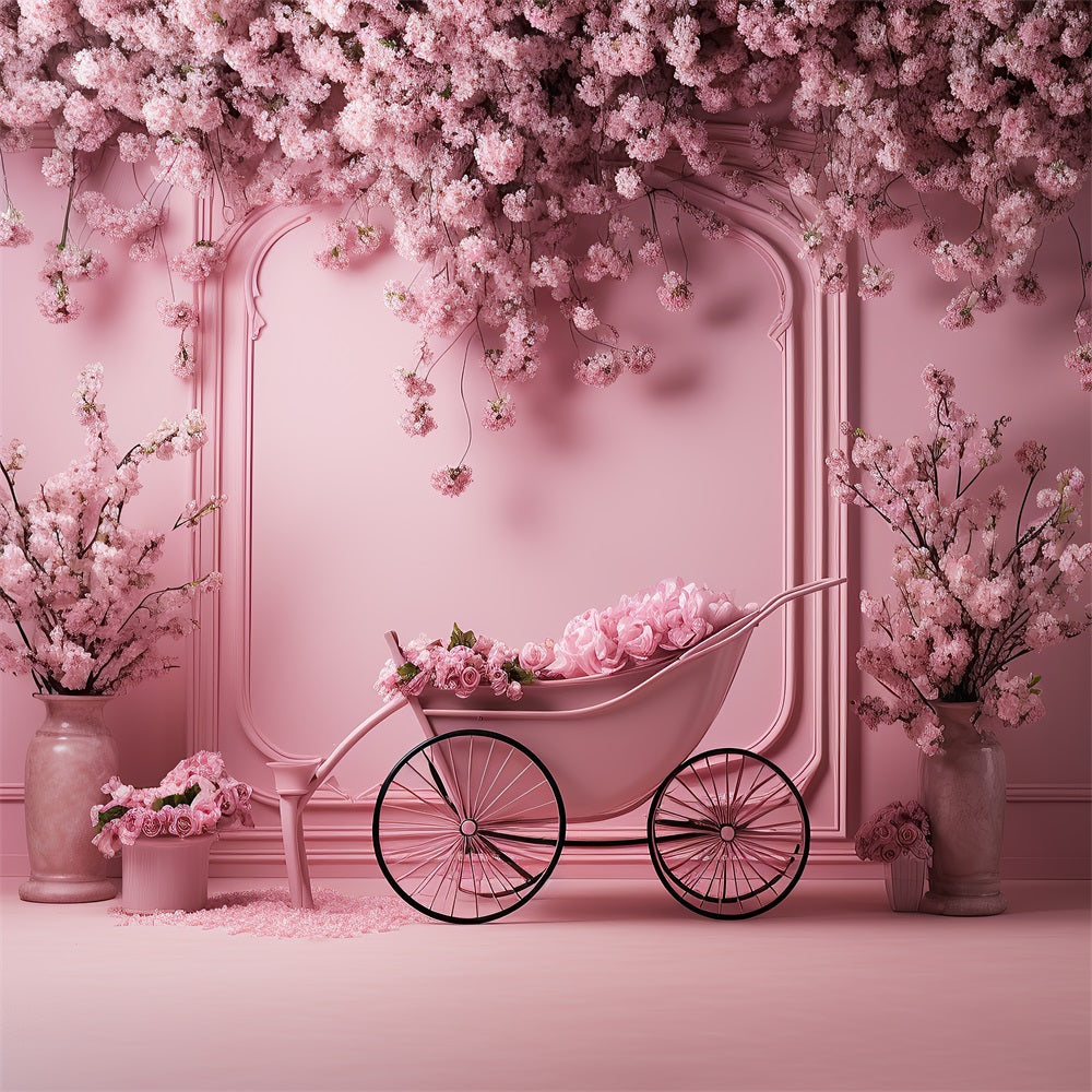 DBackdrop Pink Vintage Wall Cherry Blossom Rose Trolley Element Backdrop RR4-11