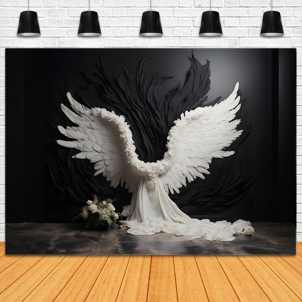 DBackdrop Black Wall Holy Angels White Wings White Roses Backdrop RR4-