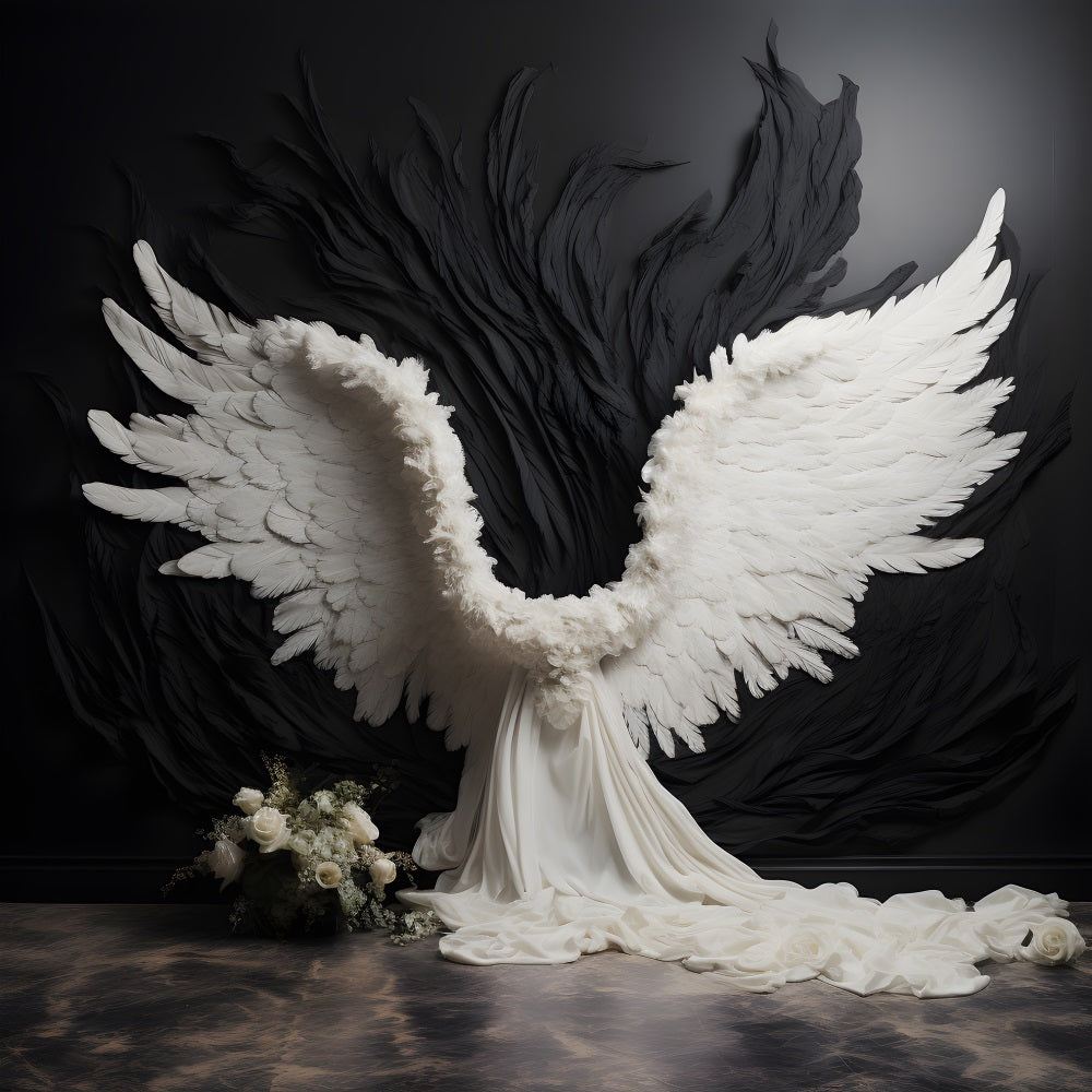 DBackdrop Black Wall Holy Angels White Wings White Roses Backdrop RR4-15