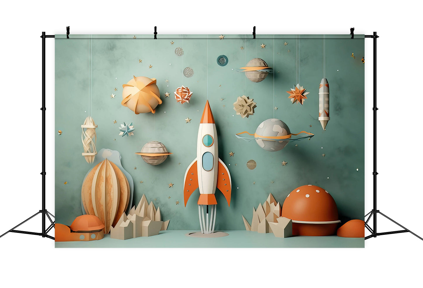 Warm Childish Paper Cutout Rocket Cosmic Planet Backdrop RR5-11 – Dbackdrop