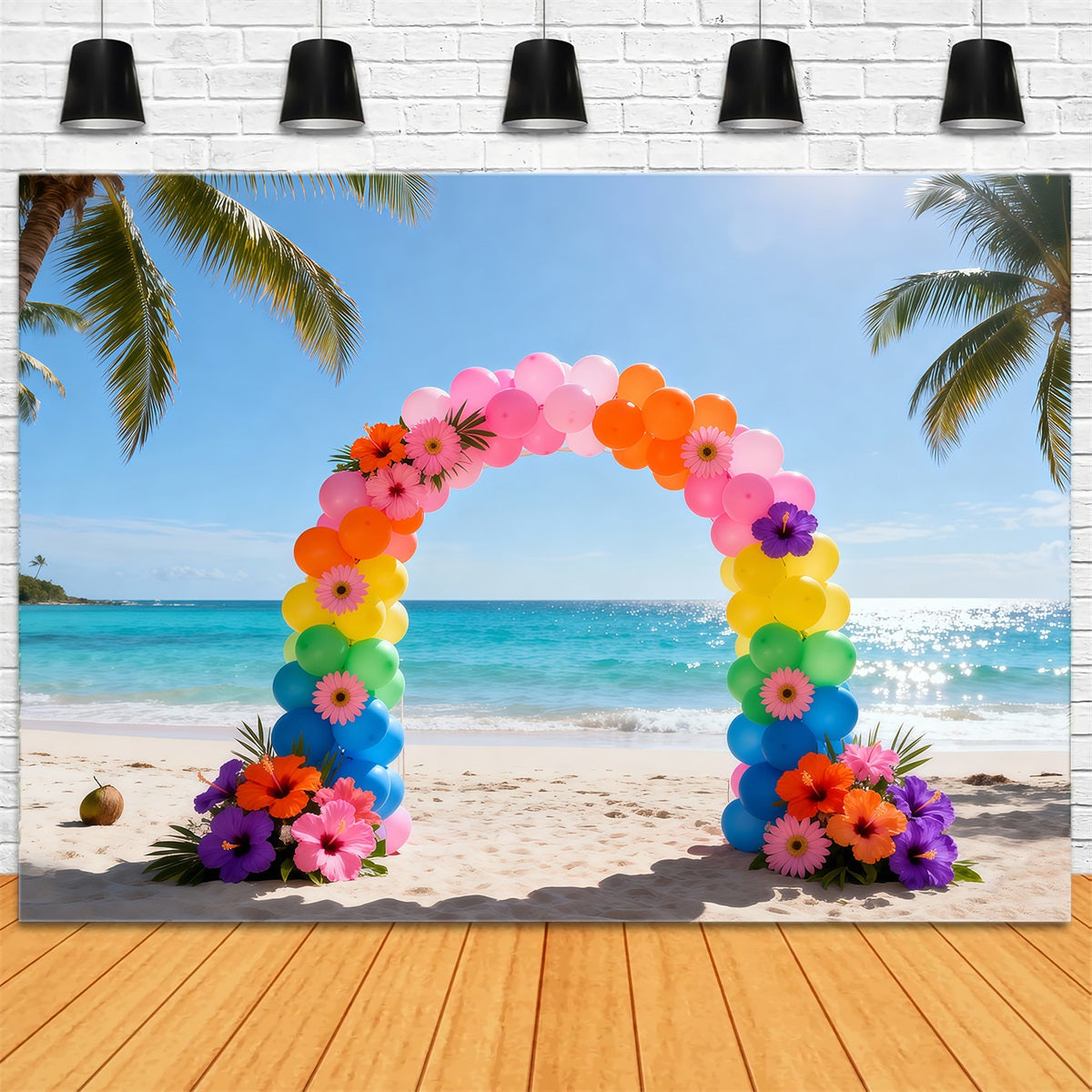 Beach Backdrop Rainbow Balloon Flower Arch Summer Photo Booth Backdrop Ideas RR61-1