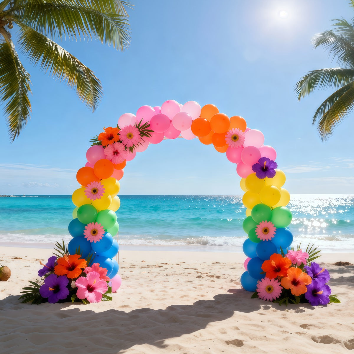Beach Backdrop Rainbow Balloon Flower Arch Summer Photo Booth Backdrop Ideas RR61-1