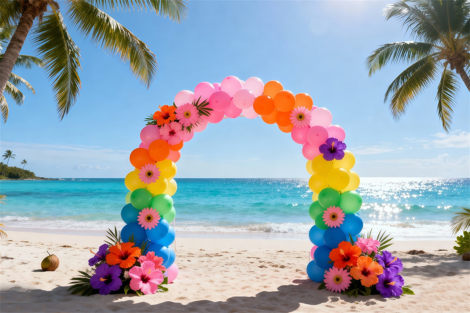 Beach Backdrop Rainbow Balloon Flower Arch Summer Photo Booth Backdrop Ideas RR61-1