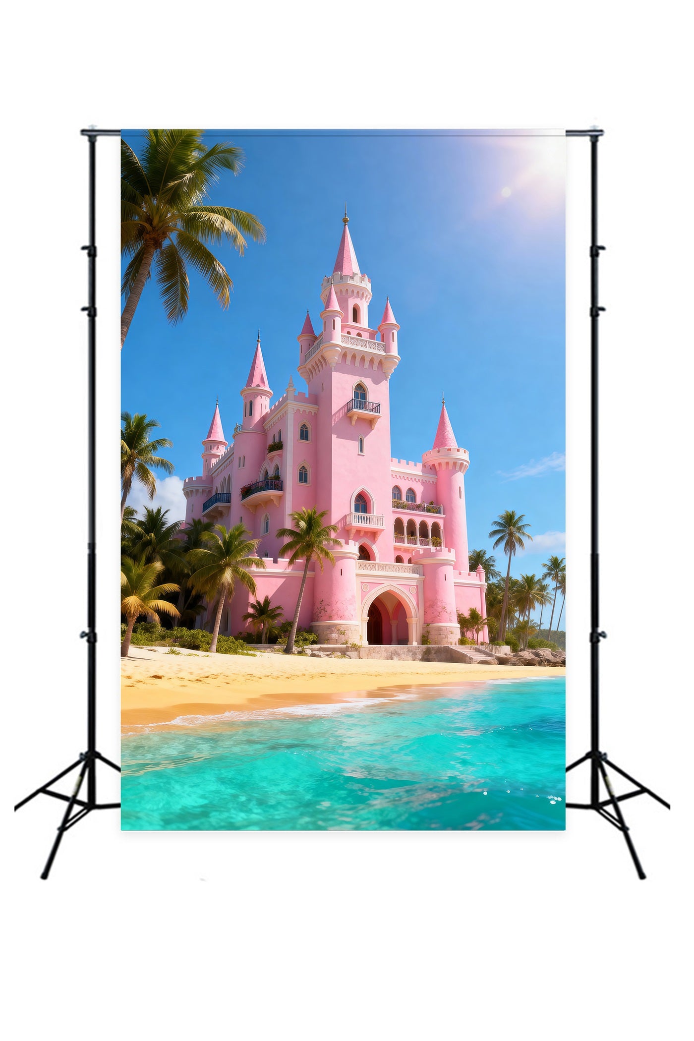 Beach Scene Backdrops Pink Castle Palm Trees Summer Photography Backdrop RR61-11
