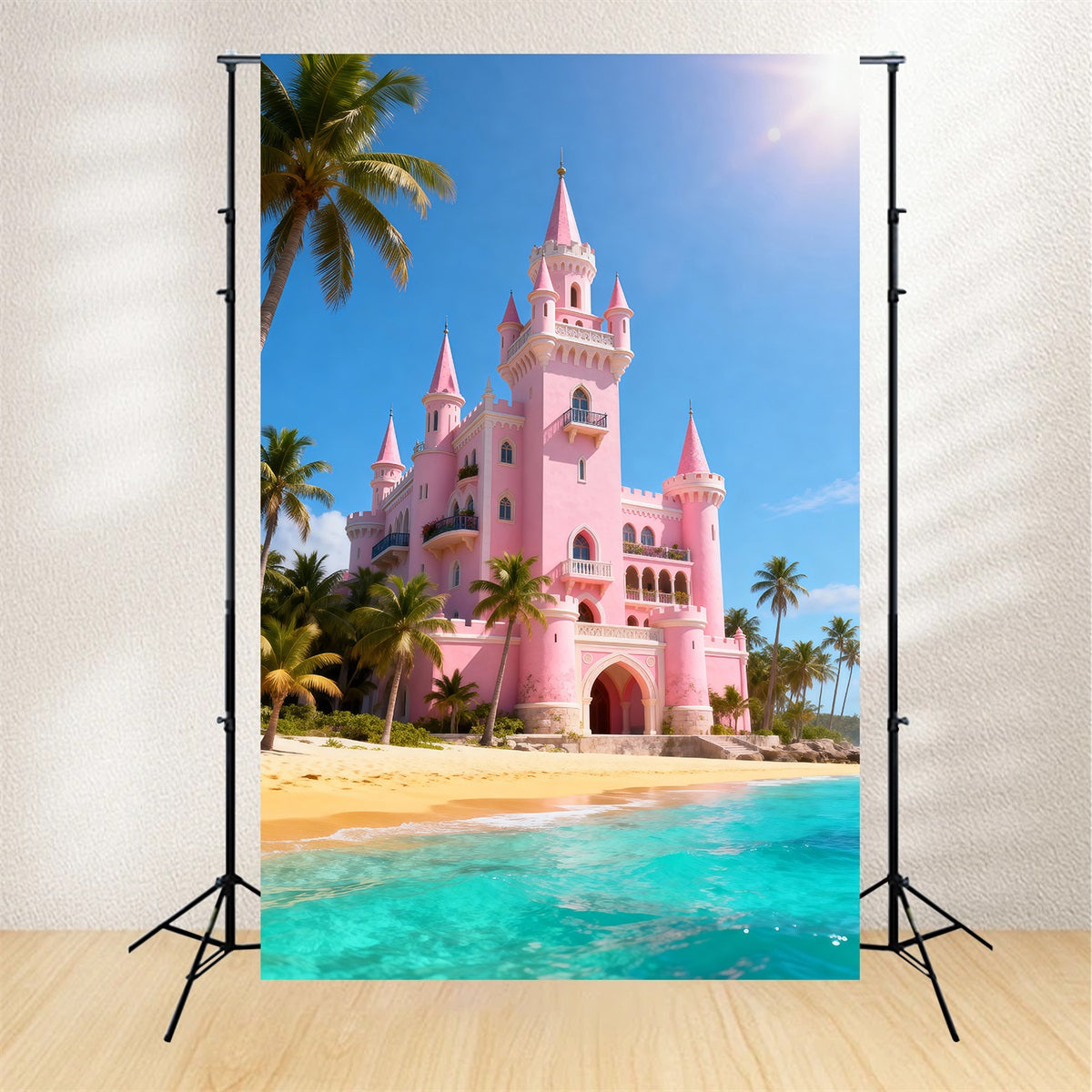 Beach Scene Backdrops Pink Castle Palm Trees Summer Photography Backdrop RR61-11