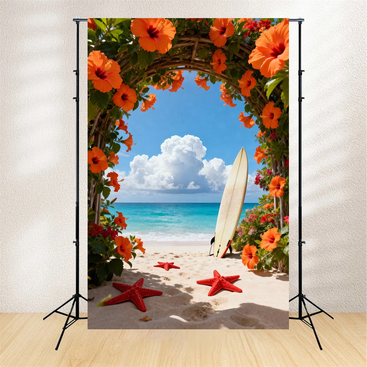 Tropical Beach Photo Backdrop Flower Arch Starfish Path Summer Backdrop RR61-17