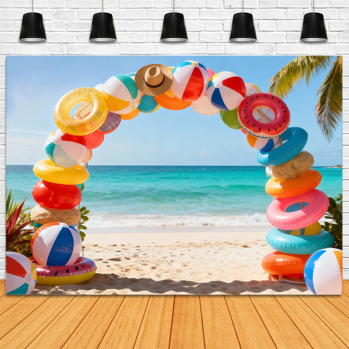 Beach Photo Backdrop Swimming Ring Ball Arch Fun Summer Backdrops RR61-2