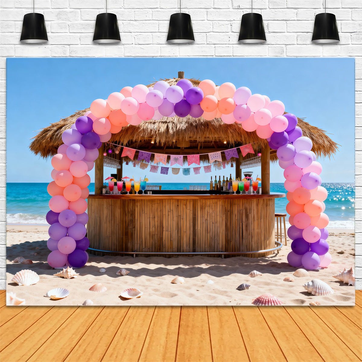 Beach Scene Photo Backdrop Beachfront Tiki Bar Party Summer Photo Backdrops RR61-21