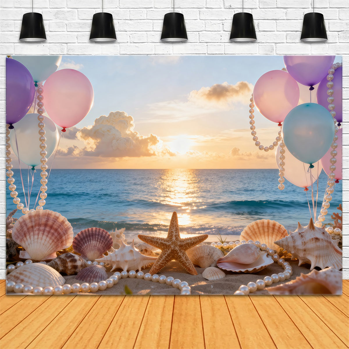 Beach Photo Backdrop Balloons Seashell Sunset View Summer Backdrops RR61-29