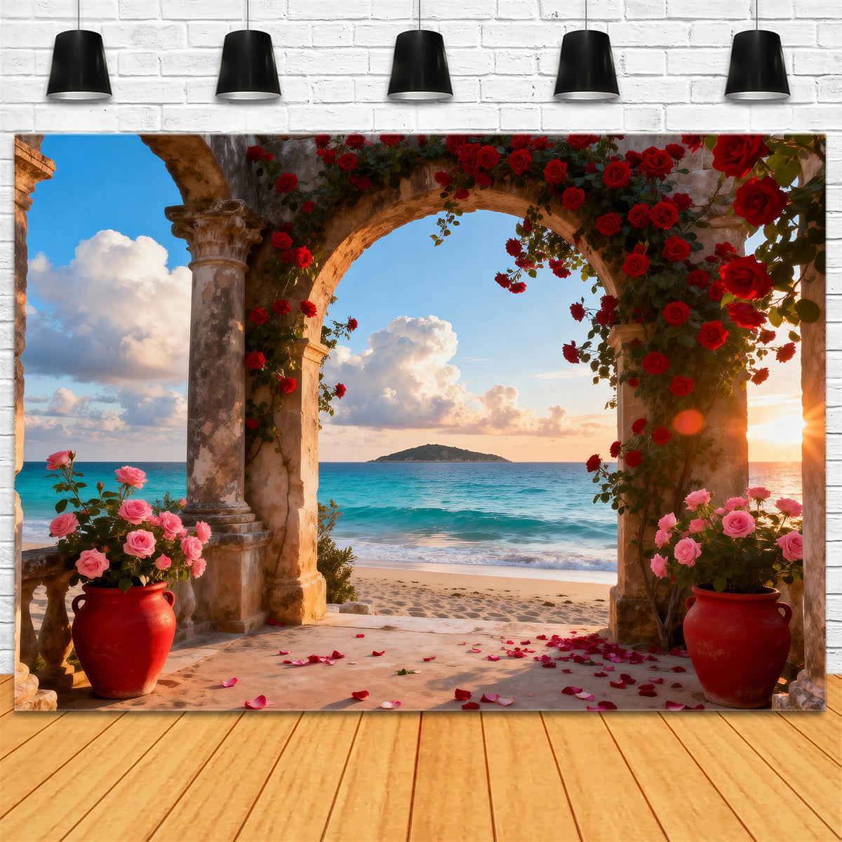 Beach Backdrops Romantic Rose Arch Ocean Summer Photo Backdrop RR61-30