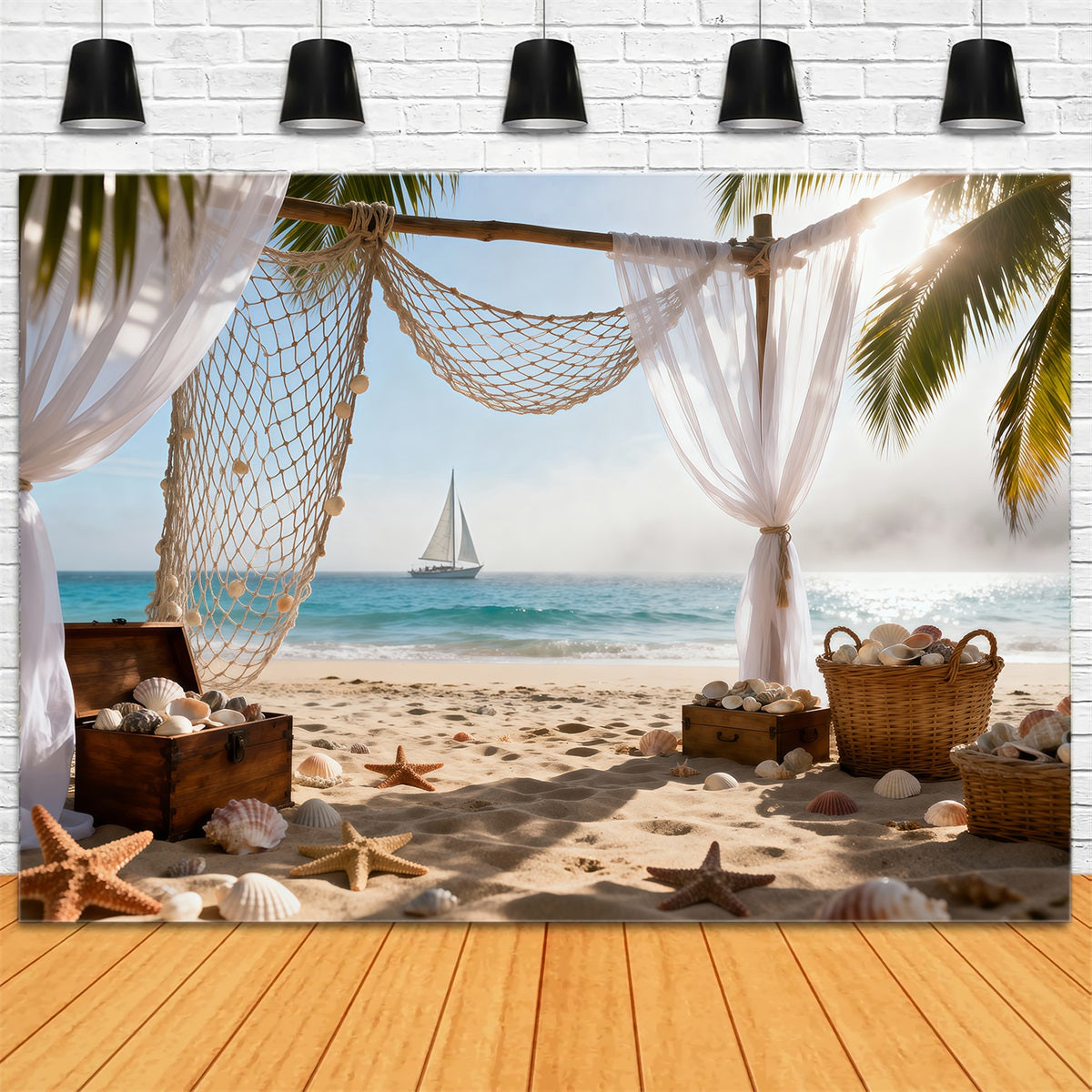 Sandy Beach Backdrop Bohemia Sailboat Vibes Starfish Summer Photo Backdrops RR61-32