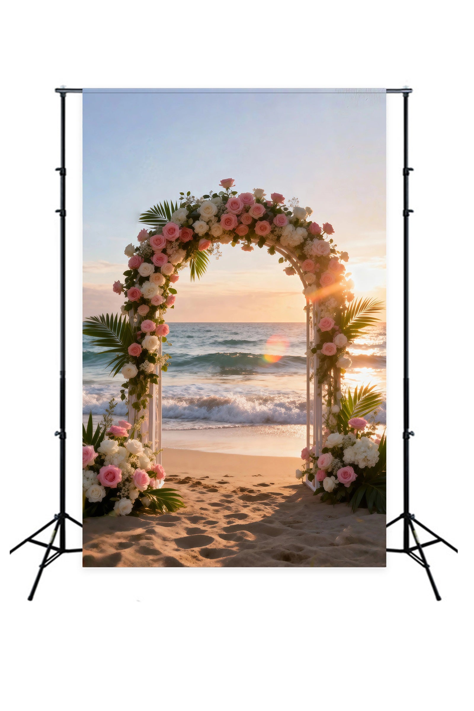 Beach Scene Backdrop Floral Wedding Arch Sunset Summer Photo Booth Backdrop RR61-33