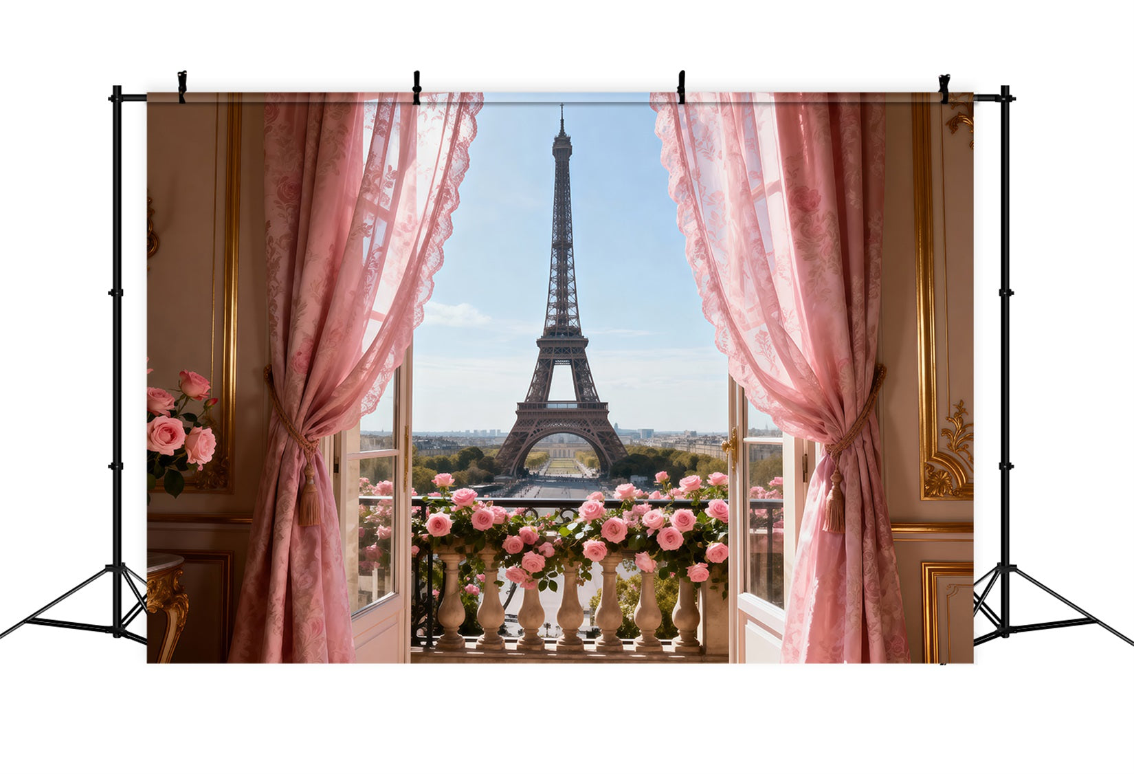 Paris Backdrop Pink Curtain Balcony Romance Eiffel Tower Backdrop RR61-34
