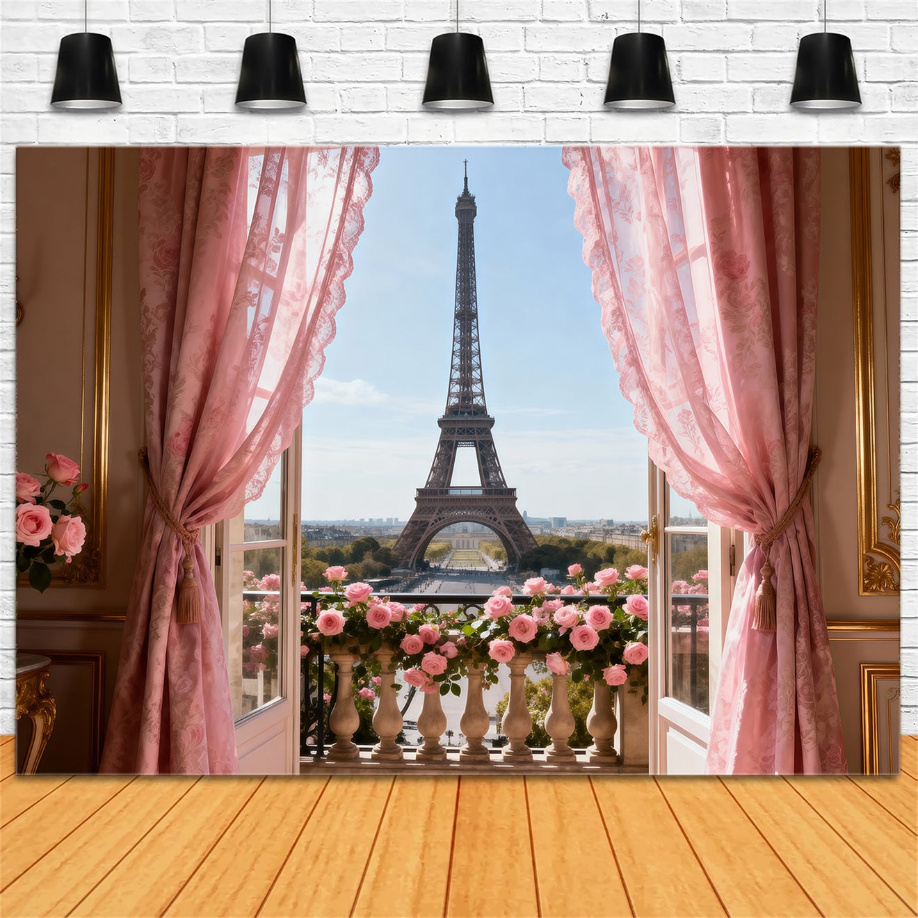 Paris Backdrop Pink Curtain Balcony Romance Eiffel Tower Backdrop RR61-34