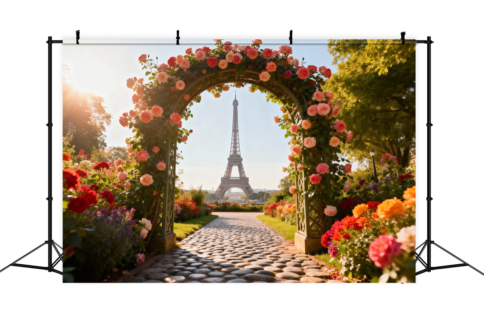 Paris Photo Backdrop Rose Garden Floral Archway Eiffel Tower Photo Backdrop RR61-35