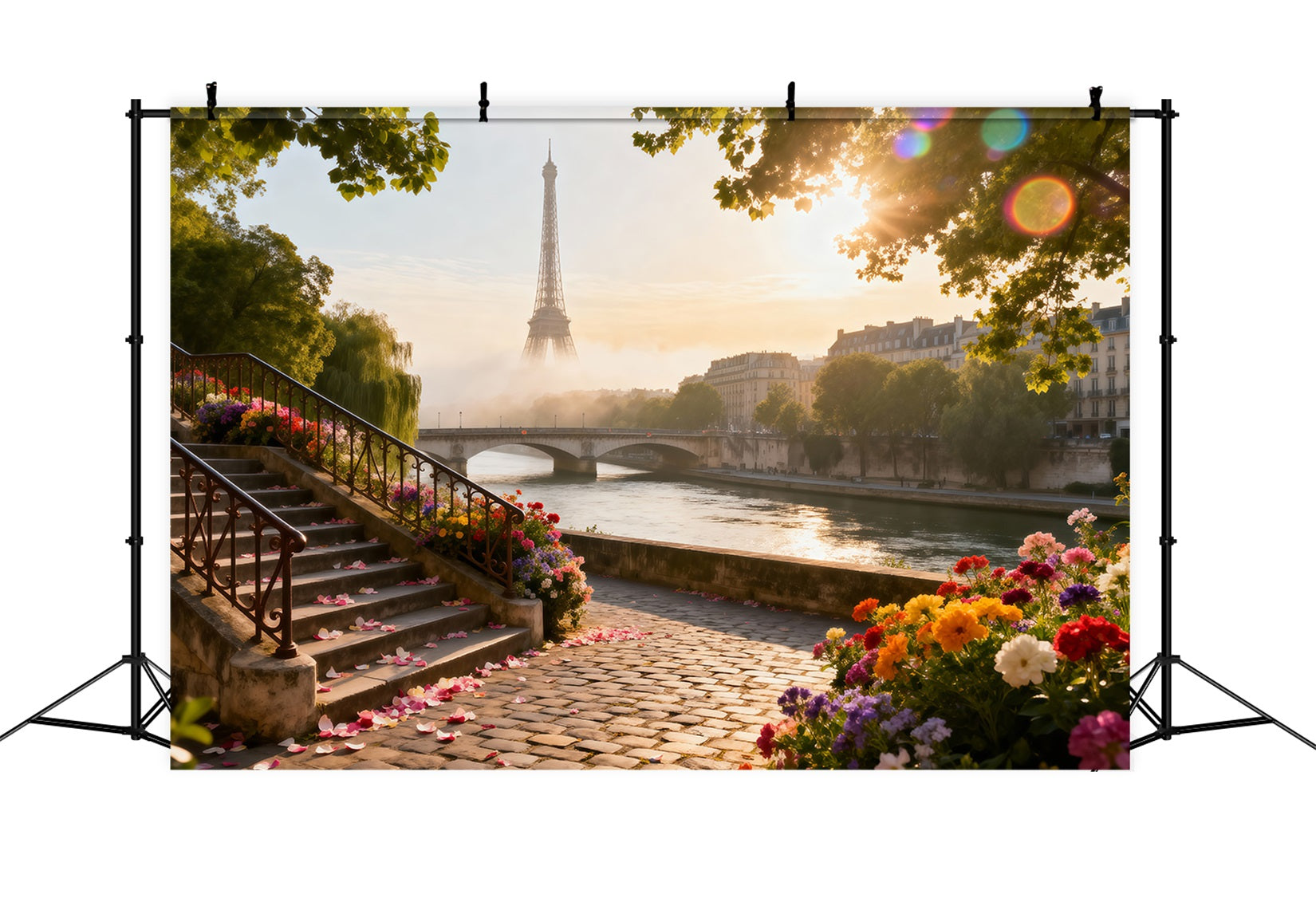 Paris Backdrop Ideas Riverside Garden Sunrise Eiffel Tower Photo Backdrop RR61-41
