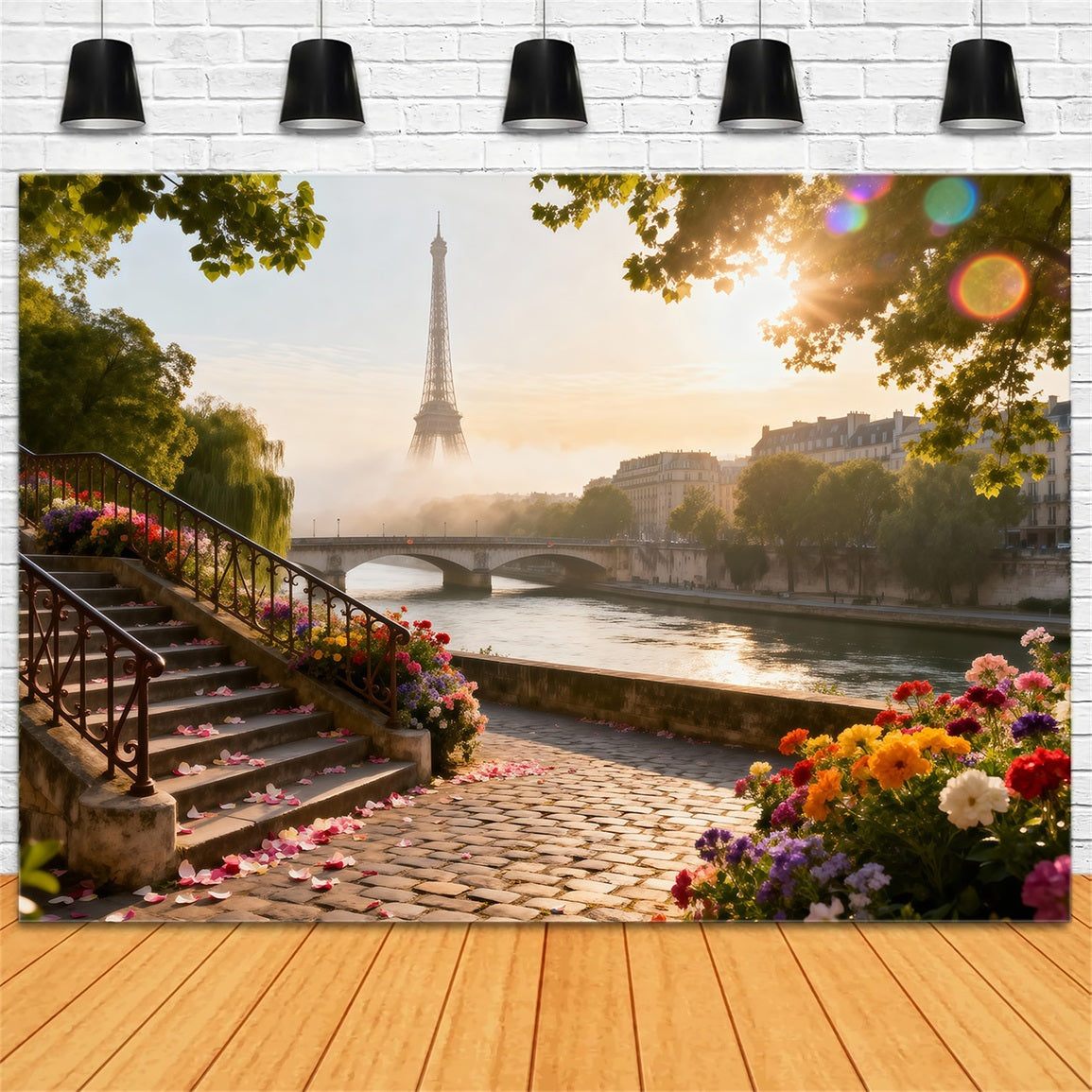 Paris Backdrop Ideas Riverside Garden Sunrise Eiffel Tower Photo Backdrop RR61-41