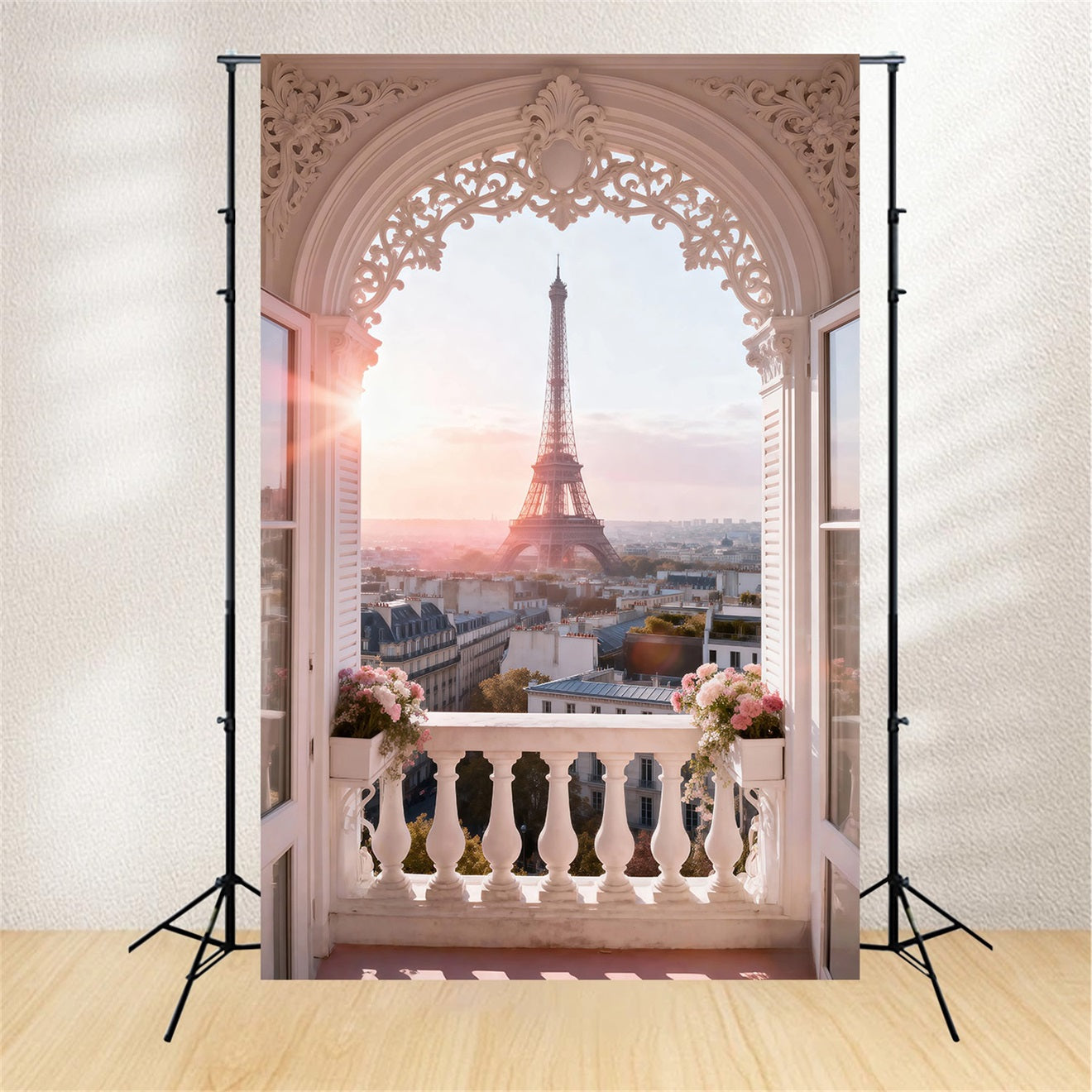 Paris Themed Backdrops Ornate Arch Balcony Sunrise Eiffel Tower Backdrops RR61-42