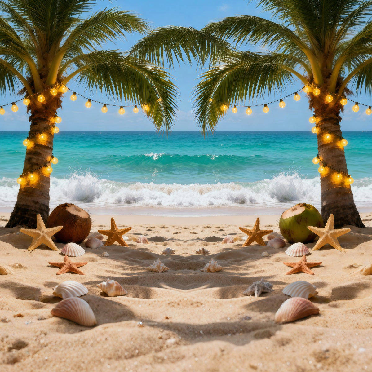 Beach Theme Backdrop Night Palm String Lights Summer Photo Backdrops RR61-5