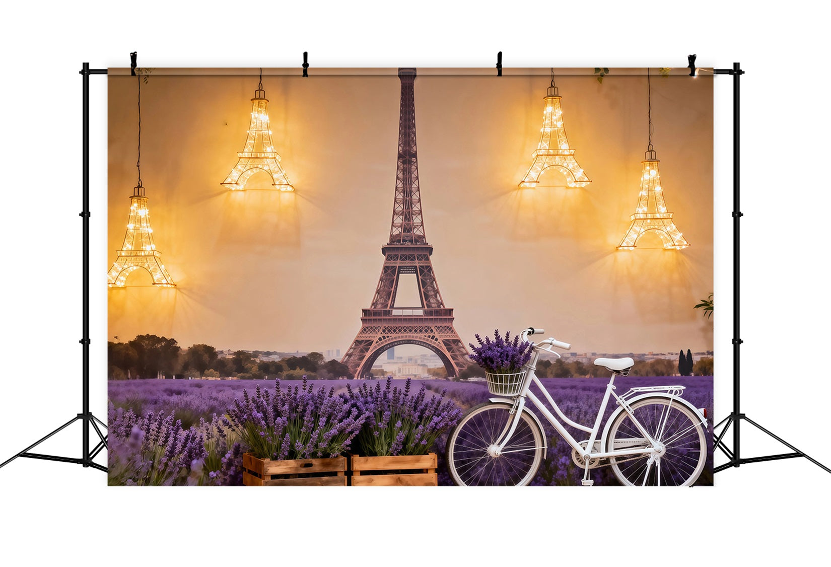 Eiffel Tower Photography Backdrop Lavender Field Bicycle Glow Paris Themed Backdrops RR61-51