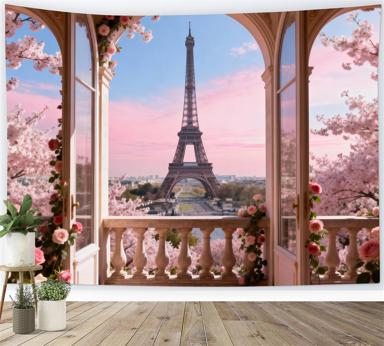 Eiffel Tower Photo Backdrop Blossom Balcony Pastel Morning Paris Backdrop For Pictures RR61-54