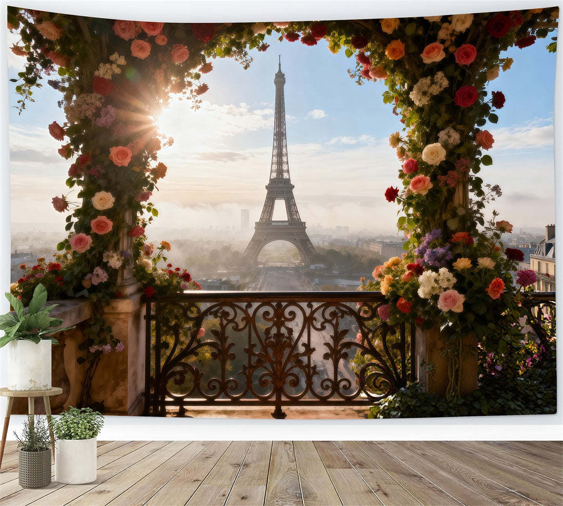 Eiffel Tower Backdrops Sunlit Floral Arch Terrace Paris Photo Booth Backdrop RR61-55