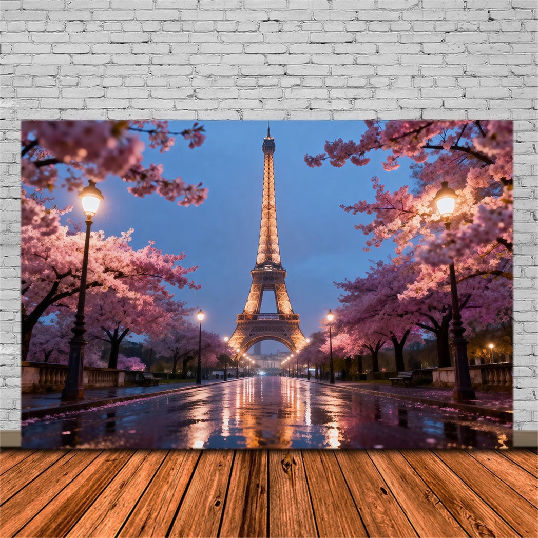 Midnight In Paris Backdrop Cherry Blossom Evening Promenade Eiffel Tower Backdrops RR61-57